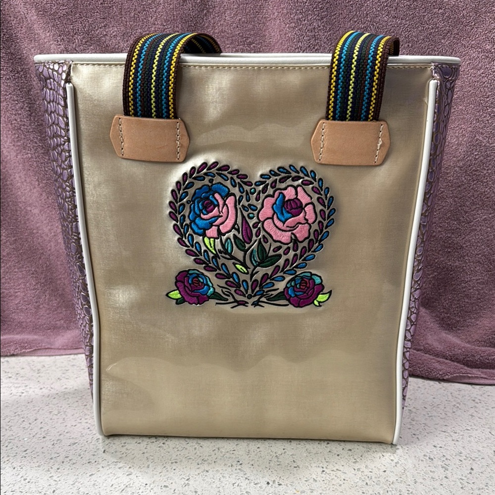Consuela Char Chica Tote Gold Tote Bag with Embroidered Heart
